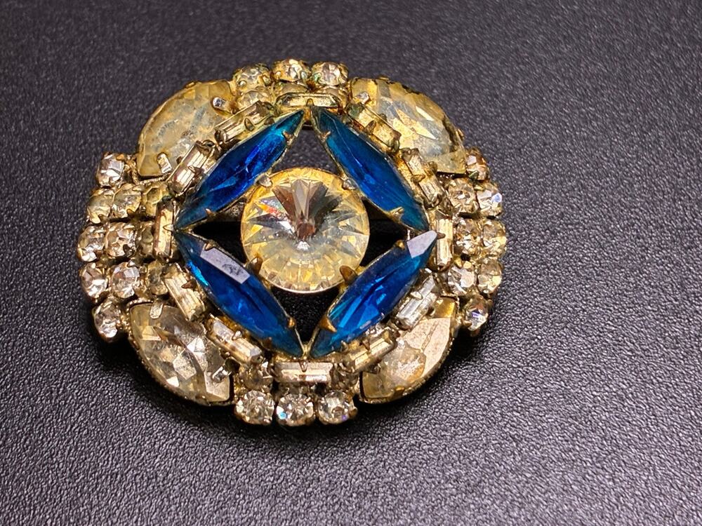 Vintage Blue & Clear Rhinestone Statement Brooch